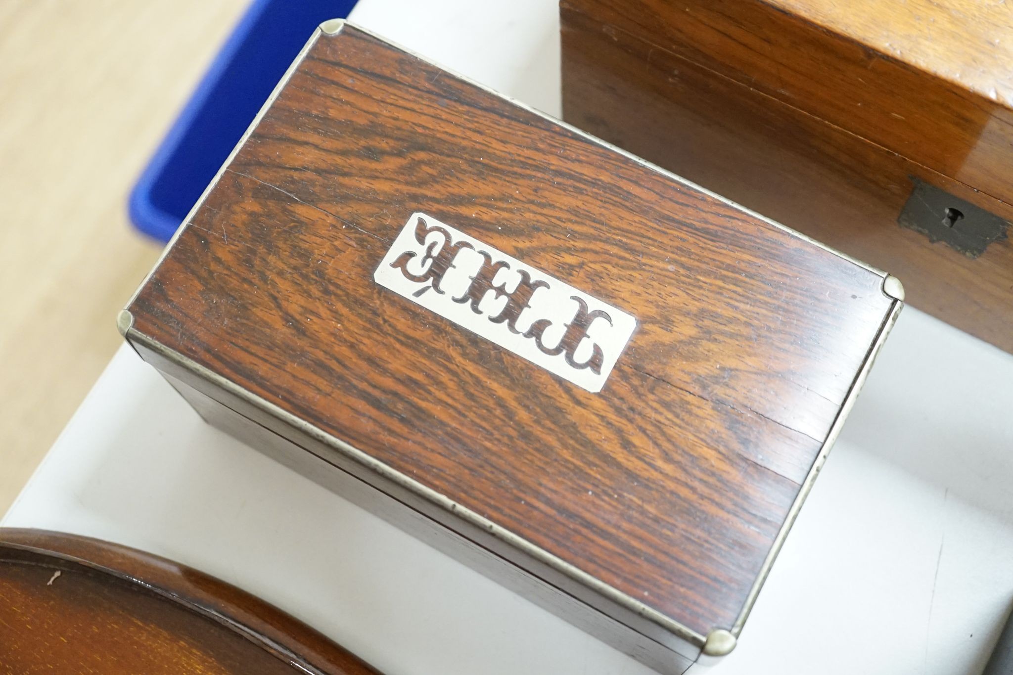 Two Victorian tea caddies, writing slope and an Edwardian inlaid tea tray, 56.5cm